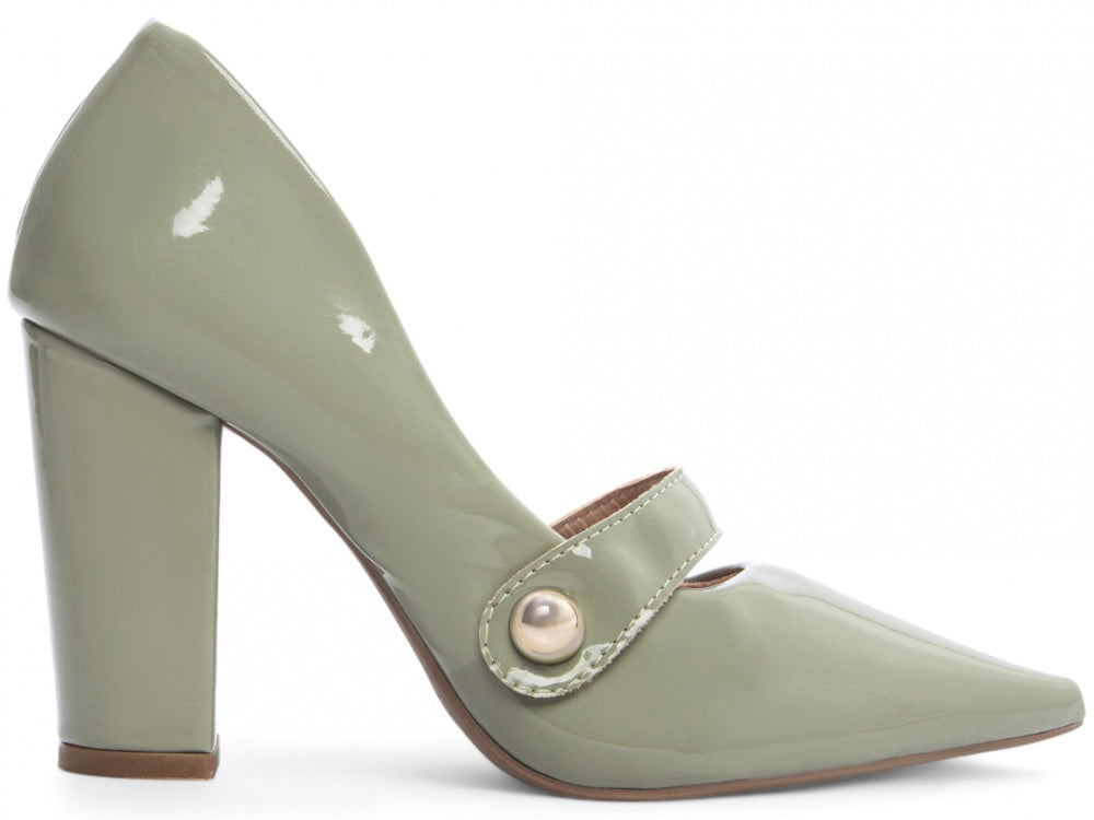 Sapato Scarpin Verniz Verde com Aplique Dourado