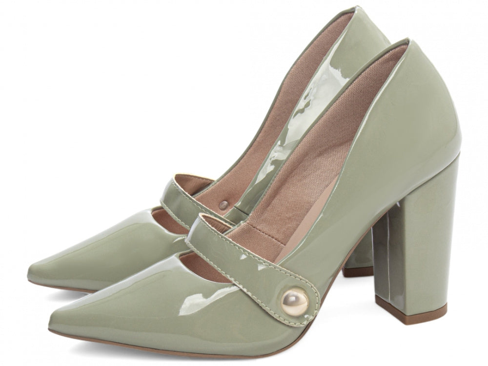 Sapato Scarpin Verniz Verde com Aplique Dourado