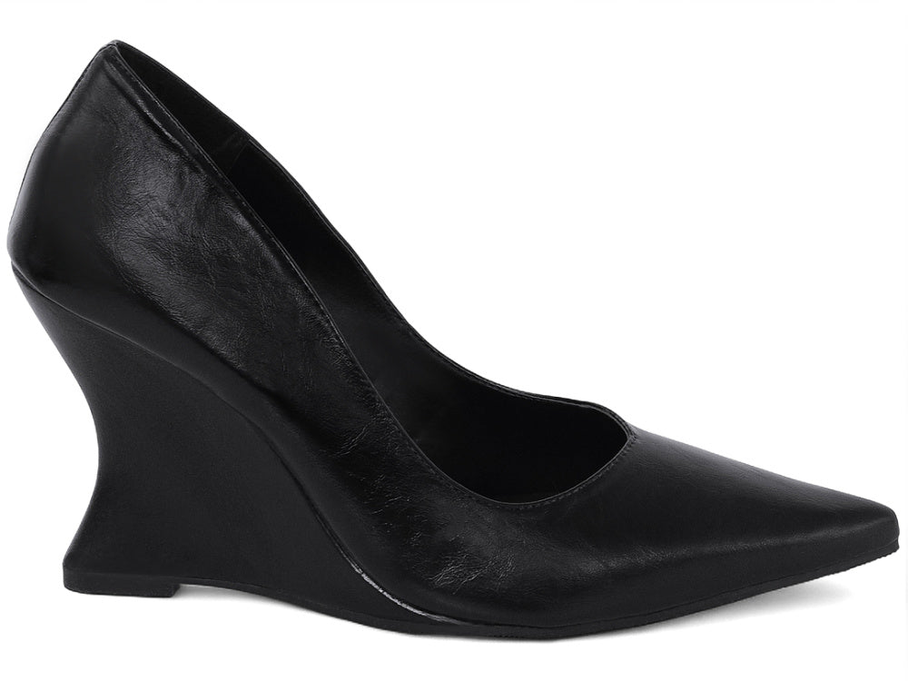 Scarpin Anabela Salto Geométrico Escultural Curvo em Napa Preto