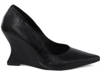 Scarpin Anabela Salto Geométrico Escultural Curvo em Napa Preto