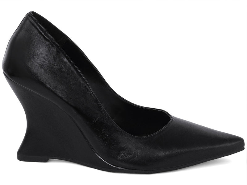 Scarpin Anabela Salto Geométrico Escultural Curvo em Napa Preto