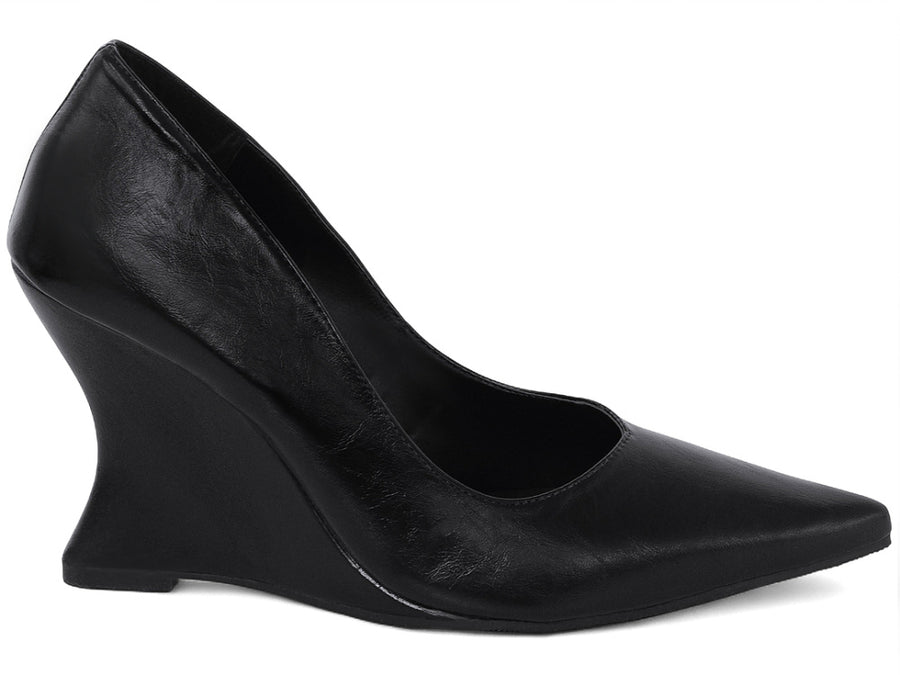 Scarpin Anabela Salto Geométrico Escultural Curvo em Napa Preto