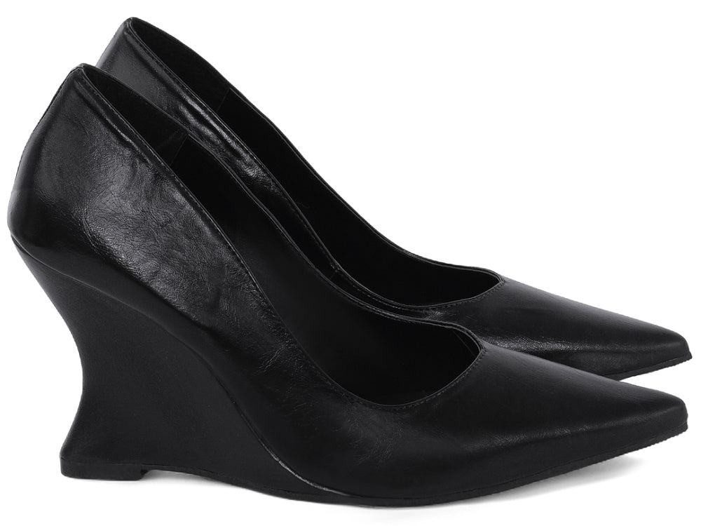 Scarpin Anabela Salto Geométrico Escultural Curvo em Napa Preto