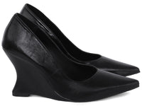 Scarpin Anabela Salto Geométrico Escultural Curvo em Napa Preto
