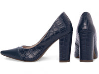 Scarpin Feminino Croco Azul Marinho   Salto Grosso