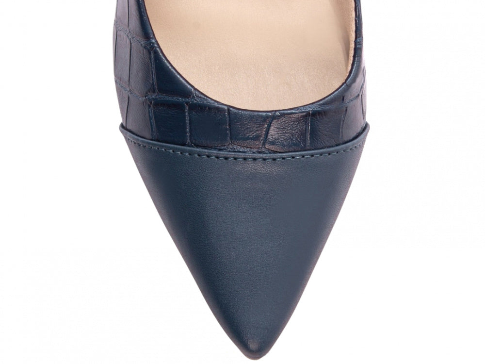 Scarpin Feminino Croco Azul Marinho   Salto Grosso