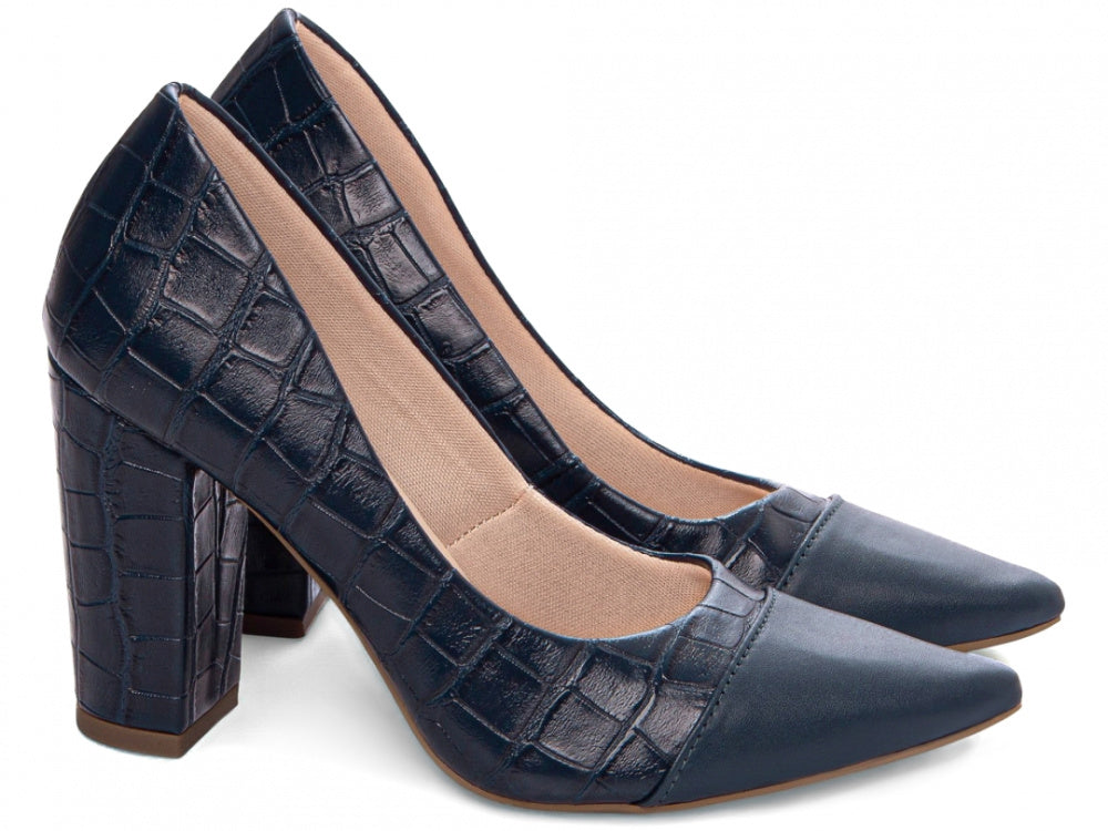 Scarpin Feminino Croco Azul Marinho   Salto Grosso