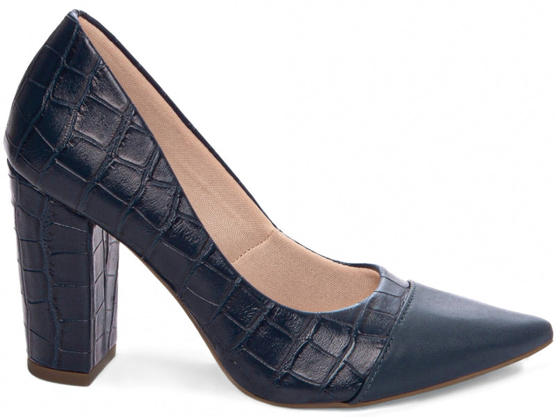 Scarpin Feminino Croco Azul Marinho   Salto Grosso
