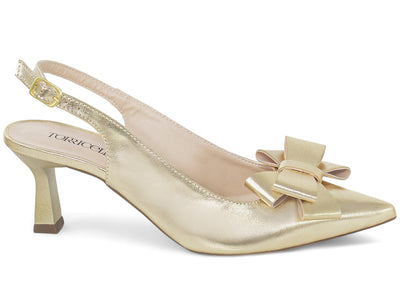 Scarpin Slingback Salto Taça com Laço Dourado Metalizado