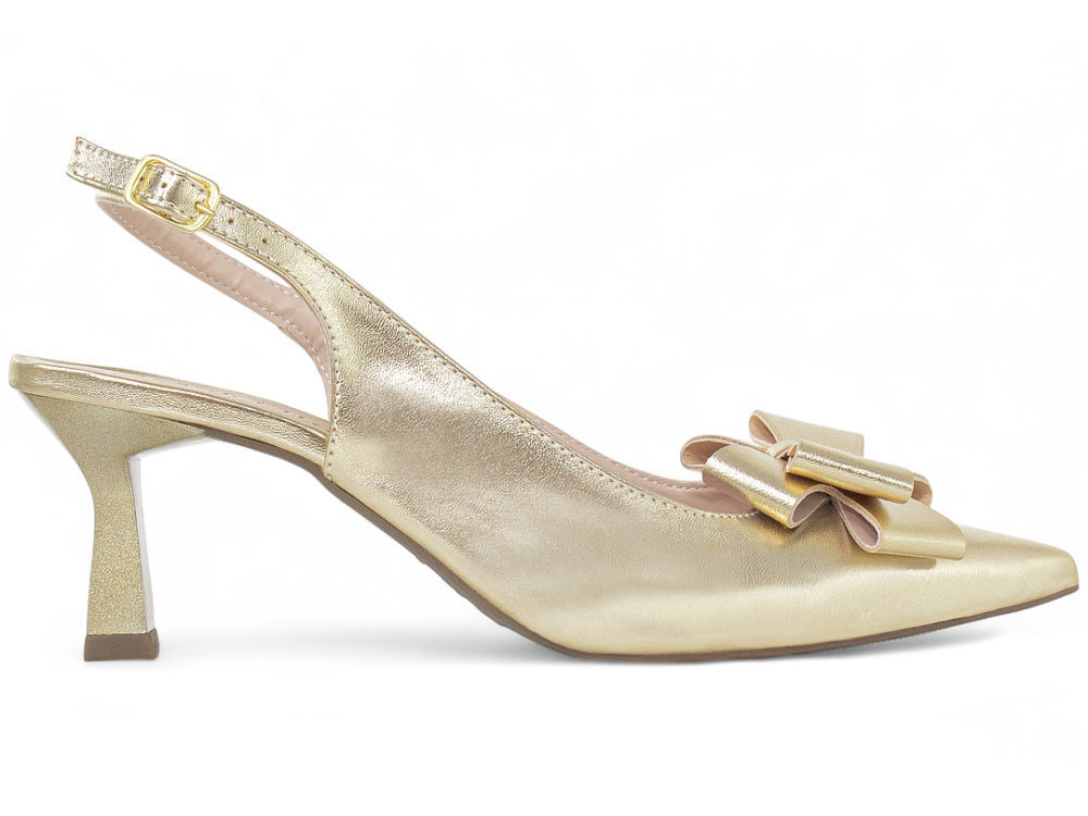 Scarpin Slingback Salto Taça com Laço Dourado Metalizado