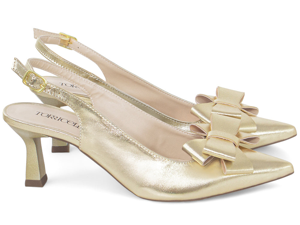 Scarpin Slingback Salto Taça com Laço Dourado Metalizado