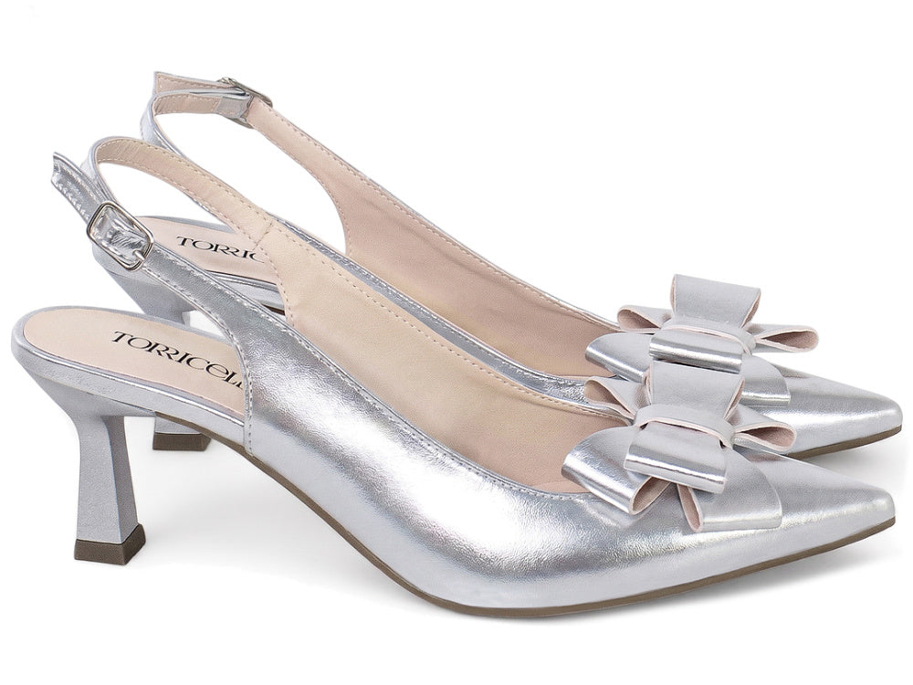 Scarpin Slingback Salto Taça com Laço em Napa Metalizado Prata
